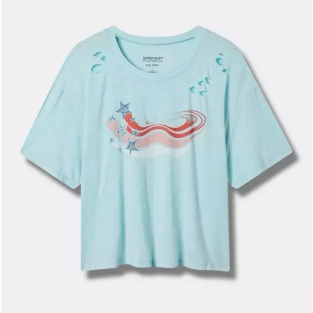torrid Light Aqua Graphic Crop Tee with Red Accent